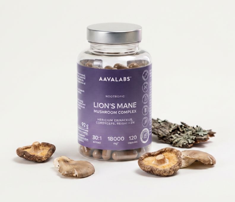 Aavalabs Lion's Mane Pilzkapseln mit Pilzen und Rinde.