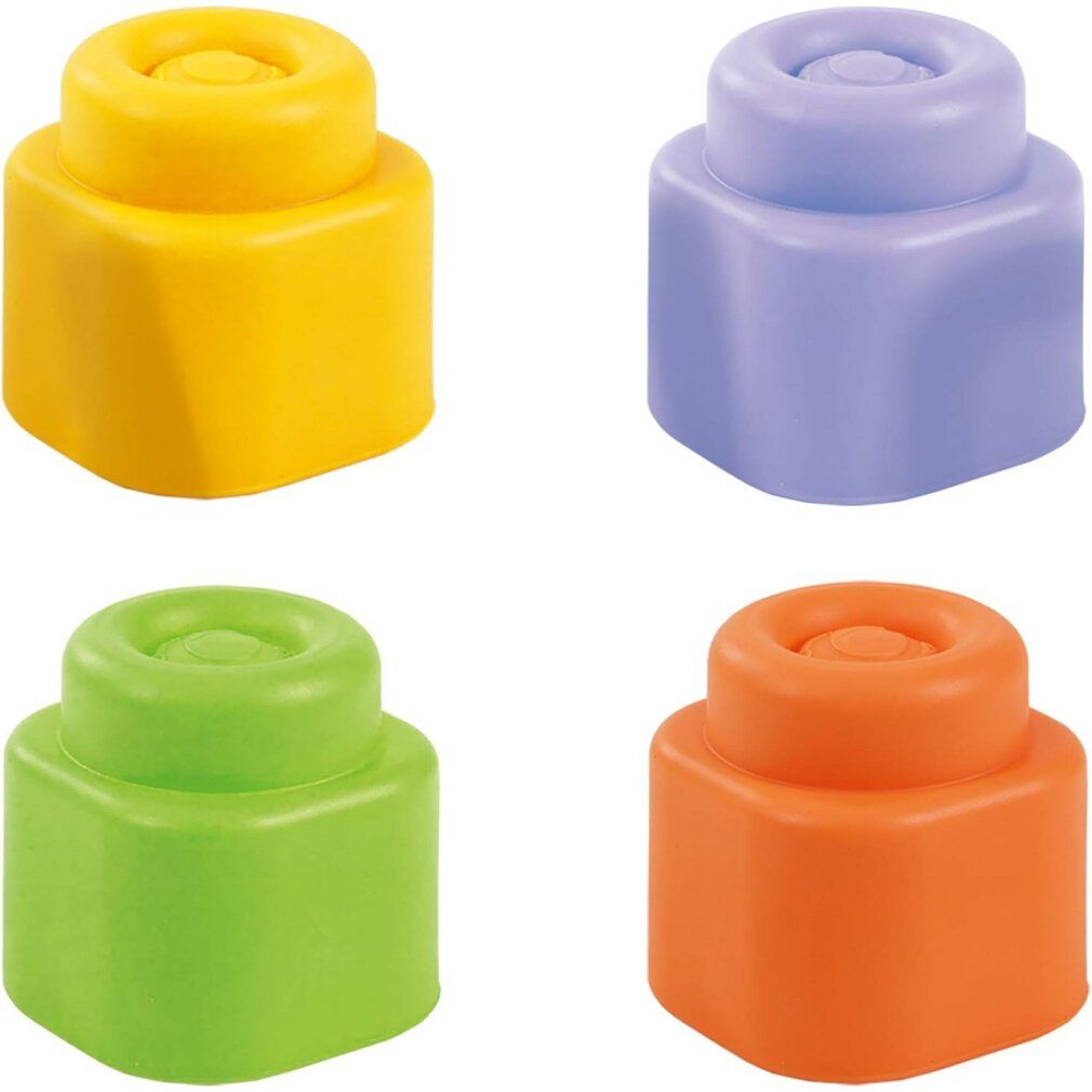 Vier farbige Blöcke: gelb, lila, grün und orange. Jeder Block hat eine quadratische Basis und einen zylindrischen Aufsatz.