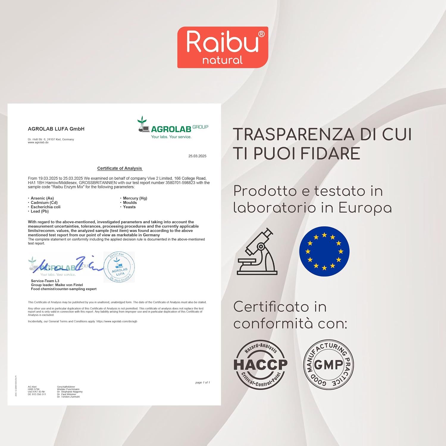 Documenti di certificazione. Certificato secondo: HACCP, GMP. Marchio: Agrolab Lupa.