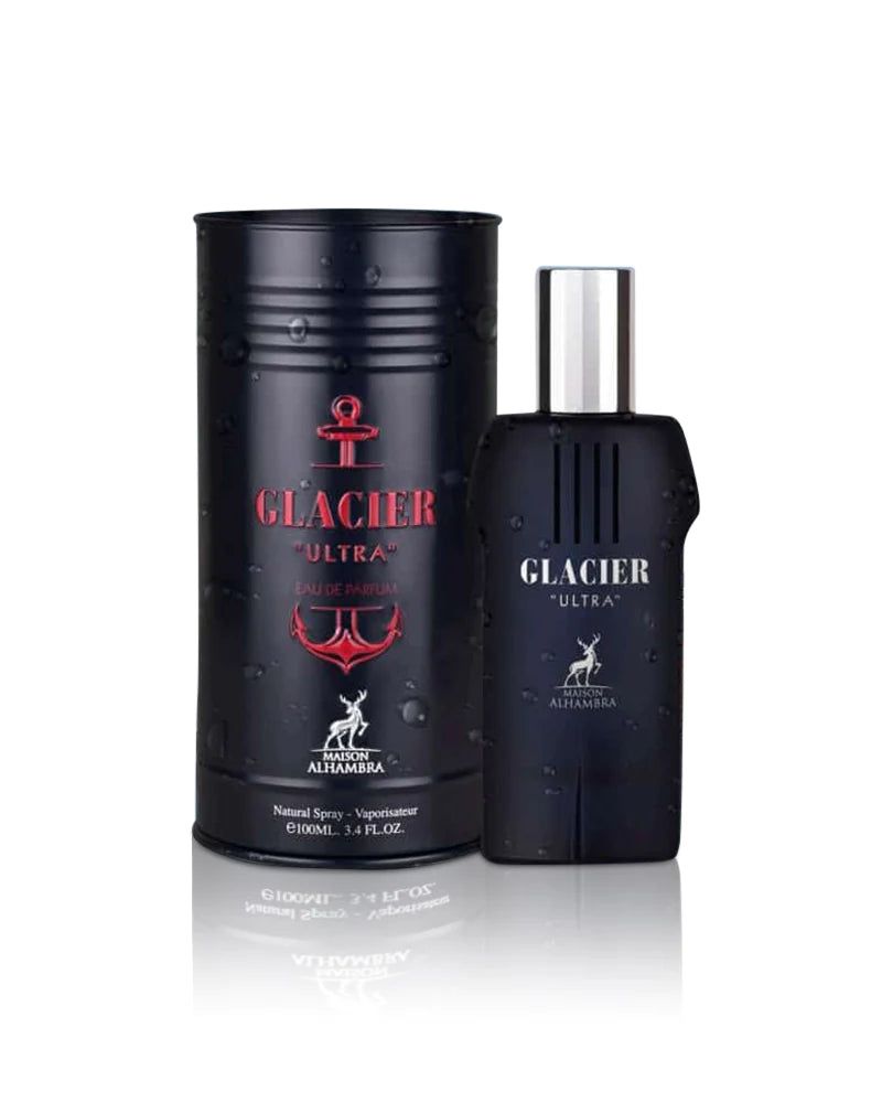 Schwarze Flasche und Dose von Maison Alhambra Glacier Ultra Eau de Parfum. Roter Anker und Schriftzug auf der Dose. Silberner Sprühkopf.