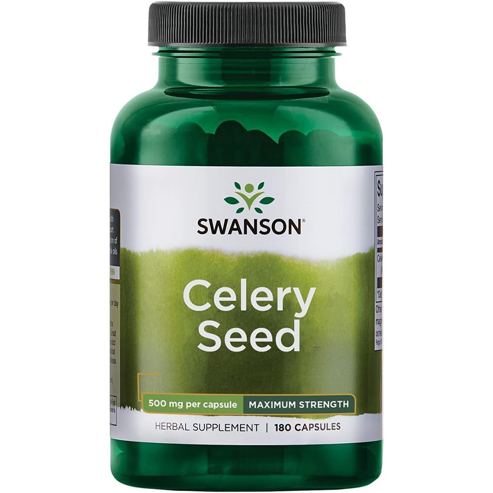 Grüne Flasche mit Swanson Selleriesamen. Aufschrift: Celery Seed, 500 mg pro Kapsel, 180 Kapseln.