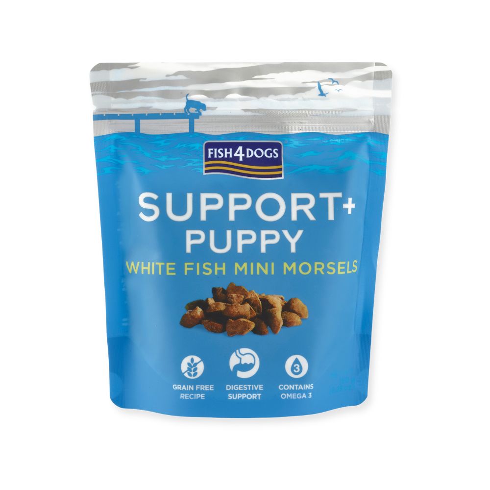Verpackung von Fish4Dogs Support+ Puppy. Blaue Tüte mit Produktnamen, Logo und Produktmerkmalen. Enthält Mini-Morsels.
