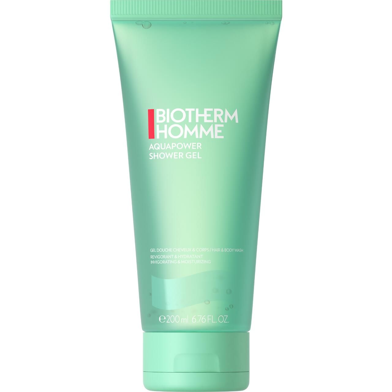 Grünes Duschgel in Tube. BIOTHERM HOMME, AQUAPOWER, 200 ml. Mintgrüner Deckel. Text in Rot und Weiß. Klare Flüssigkeit sichtbar.