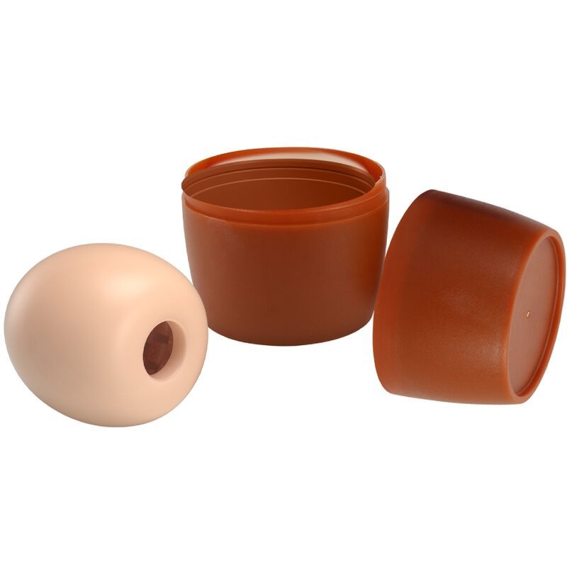 Beige Masturbator, braune Verpackung. Deckel und Behälter offen. Zylindrische Form. Material nicht erkennbar.