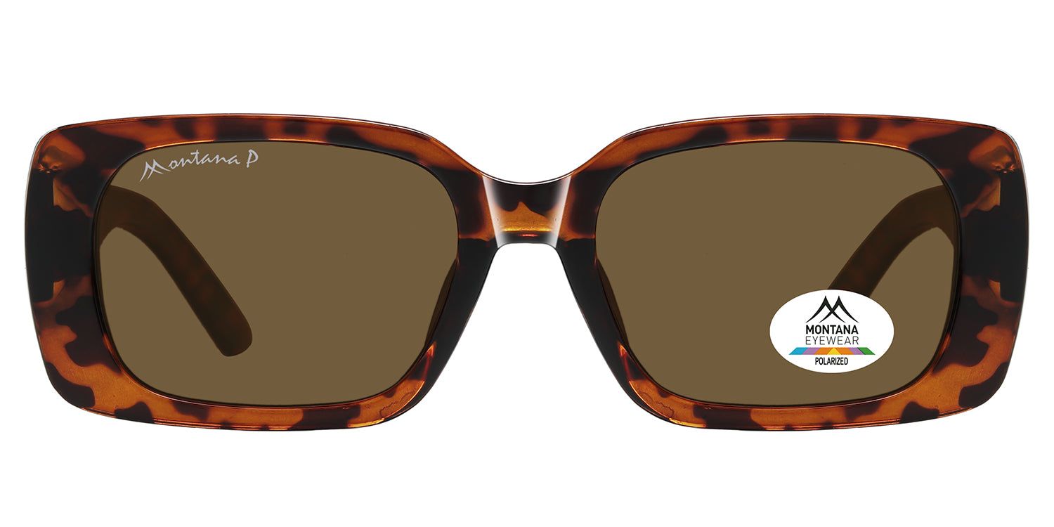 Sonnenbrille mit braunen Gläsern und braunem, gemustertem Rahmen. Montana Eyewear Logo auf dem Glas und dem Bügel.