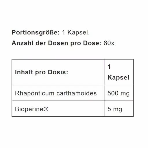Nährwerttabelle mit Angaben zu Inhaltsstoffen pro Kapsel: R. carthamoides 500mg, Bioperine 5mg.