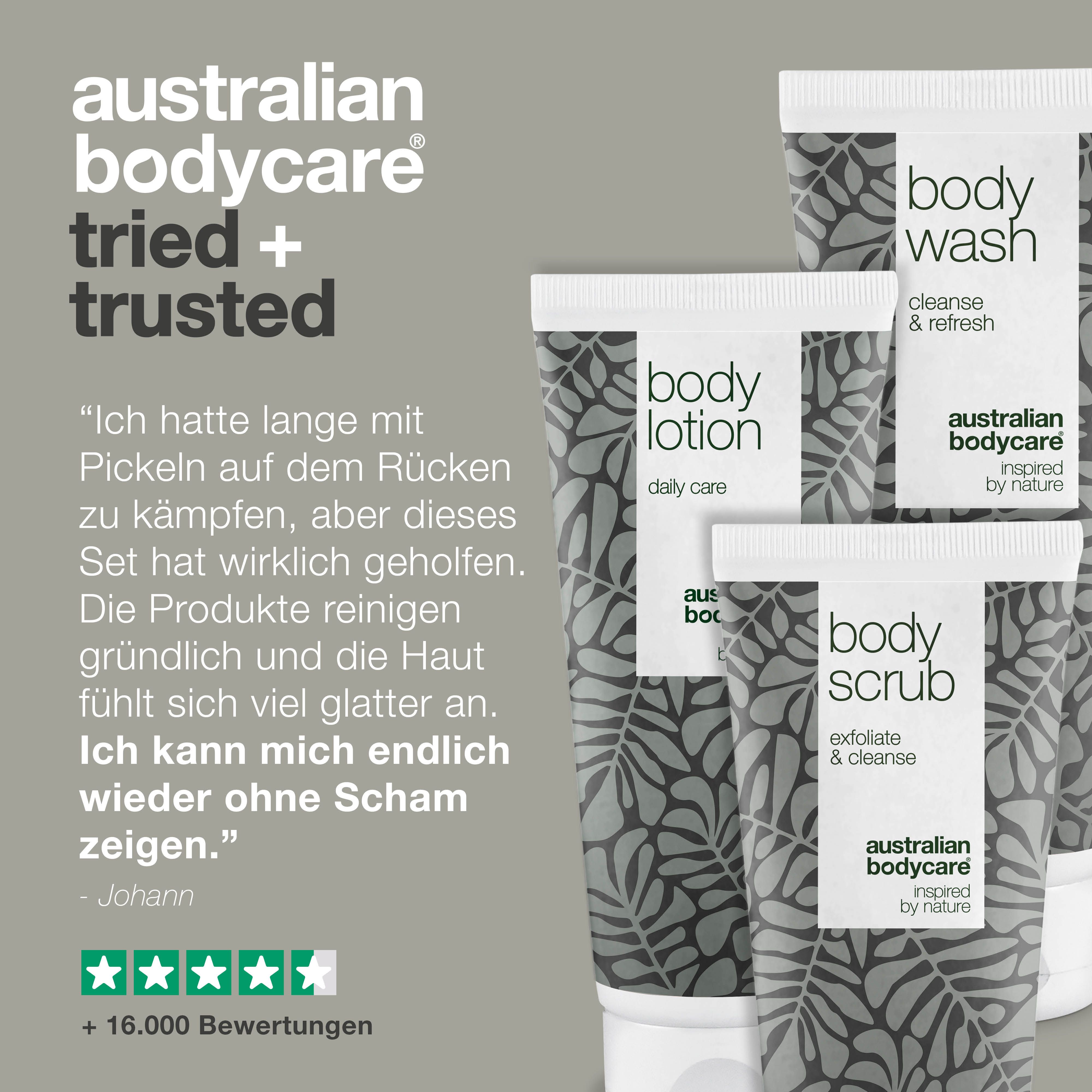 Drei Tuben mit Körperpflegeprodukten. Text: Ich hatte lange mit Pickeln zu kämpfen, aber dieses Set hat geholfen.