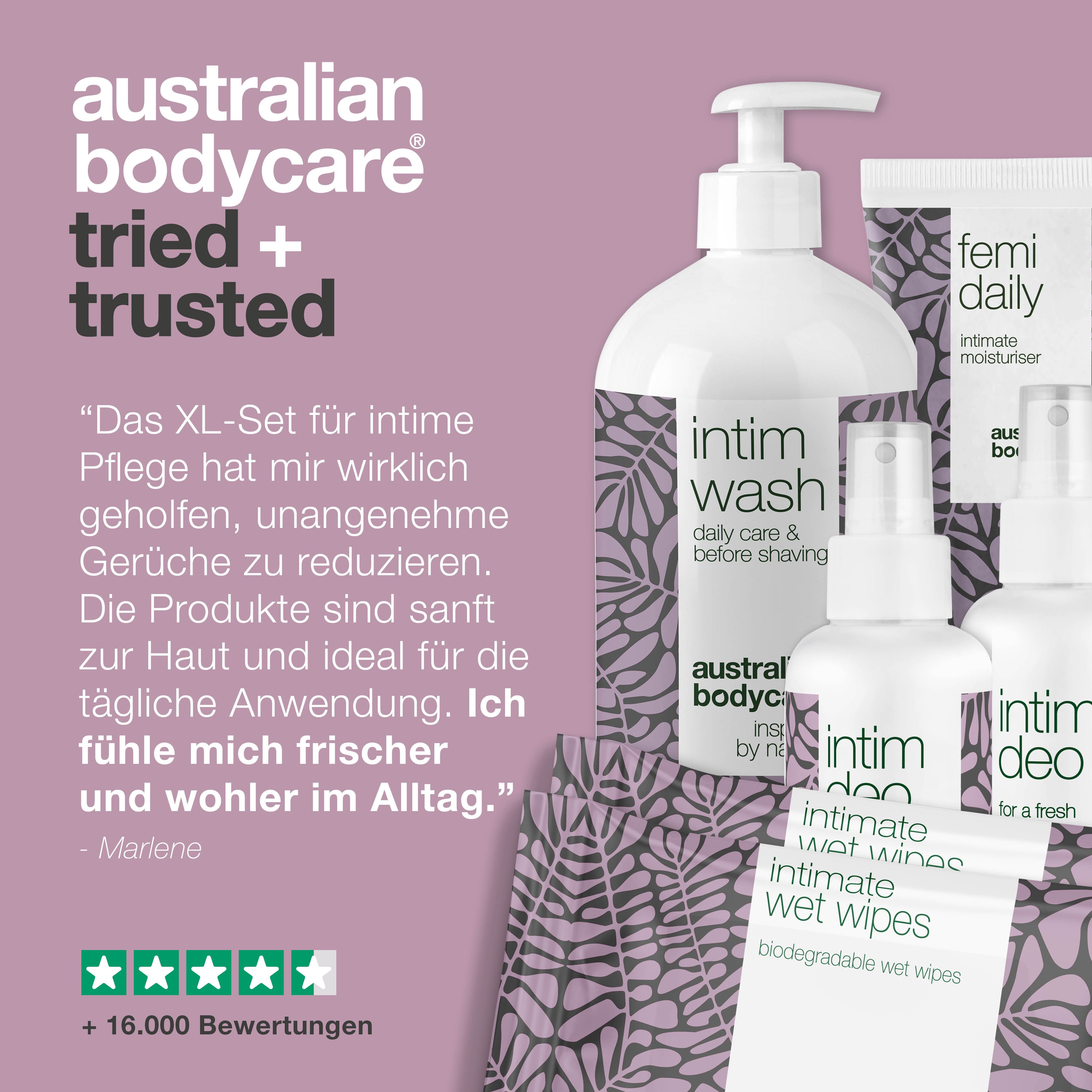 Produktset mit Intimpflegeprodukten. Text: 'Australian Bodycare' und Erfahrungsbericht einer Kundin.