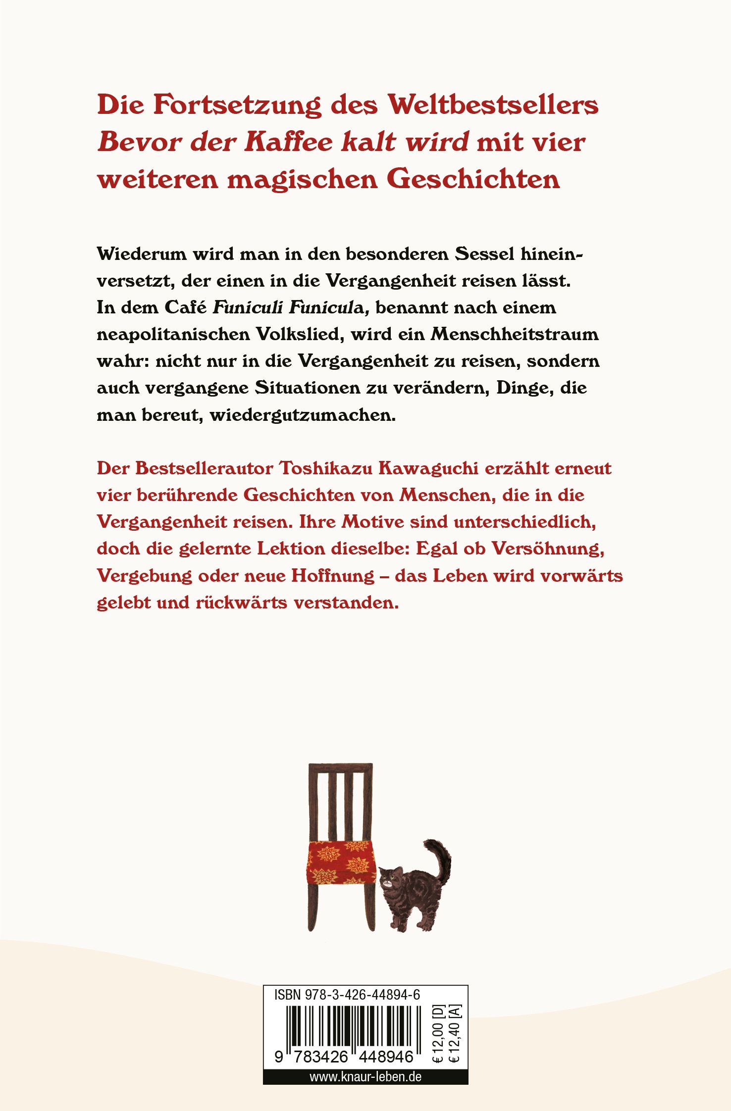 Buchrückseite mit Text. Titel: "Die Fortsetzung des Weltbestsellers". Abbildung: Stuhl, Katze. ISBN-Code.
