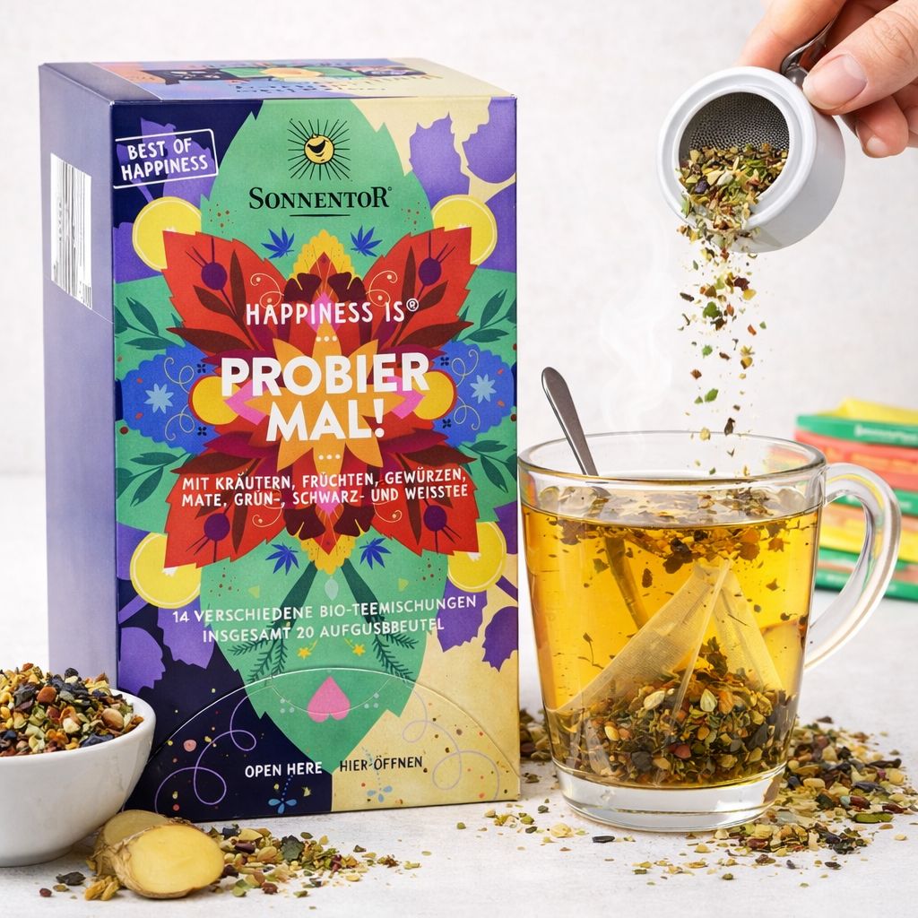 SonnentOR® Probier mal! Bio-Tee-Mischungen Box mit 20 Teebeuteln, schräg von vorne.