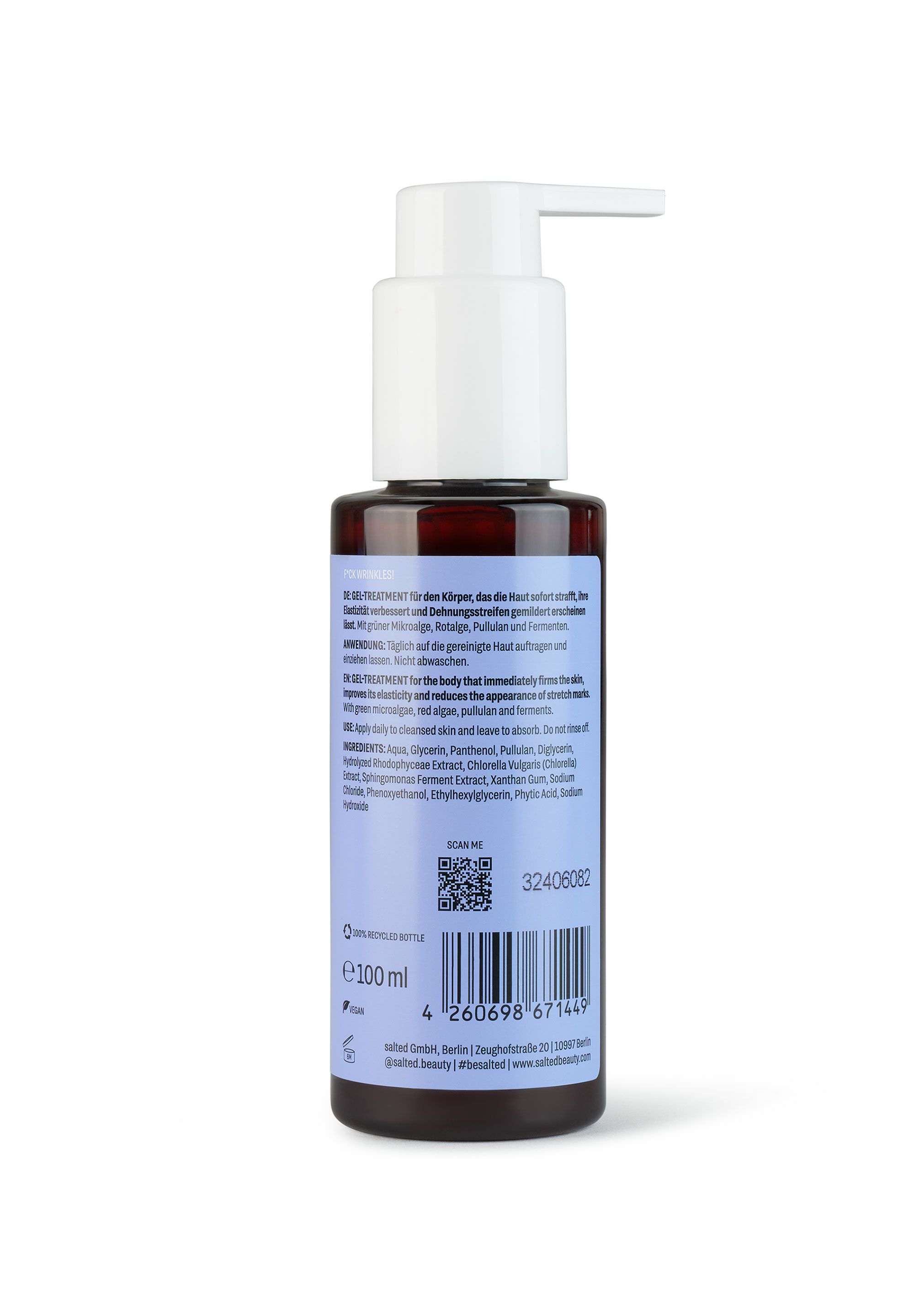 Flasche mit Pumpspender, 100 ml, mit Etikett, das Inhaltsstoffe und Anwendung beschreibt.
