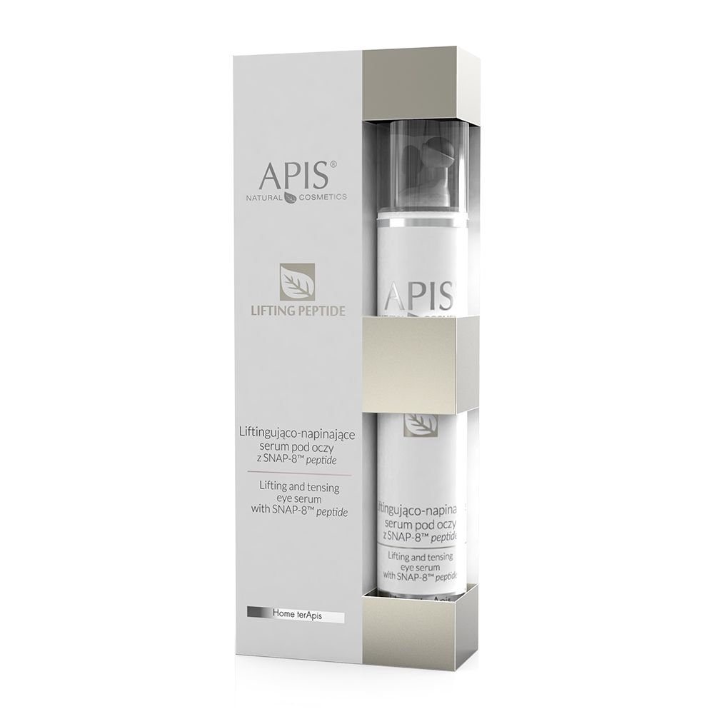 Weißes APIS Lifting Peptide Augenserum in Verpackung. Aufschrift: Lifting Peptide, SNAP-8 Peptid. Flasche mit Pumpkopf.