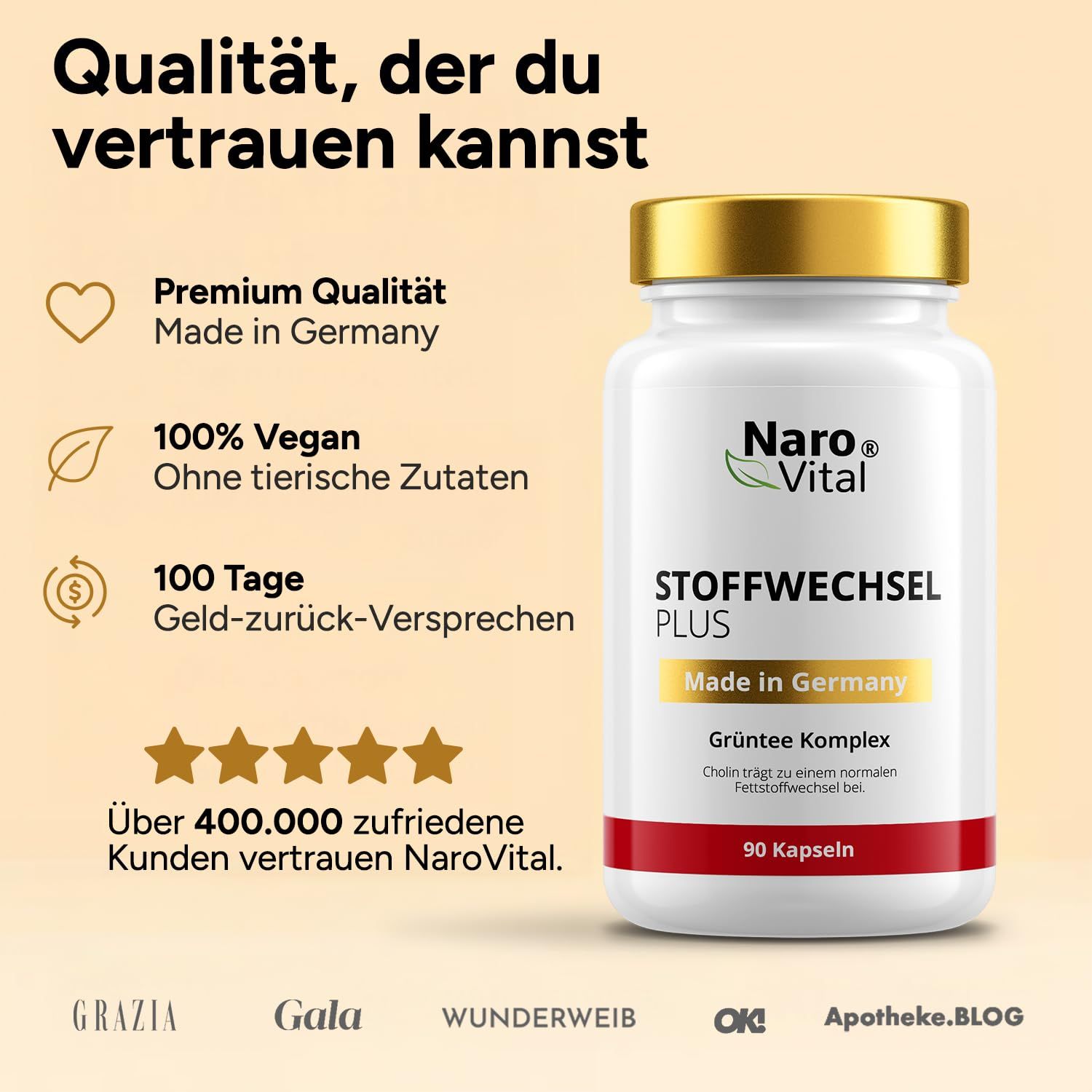 Weiße Kapsel-Dose mit Golddeckel. Text: NaroVital, Stoffwechsel Plus, Made in Germany, 90 Kapseln. Sterne-Bewertung.