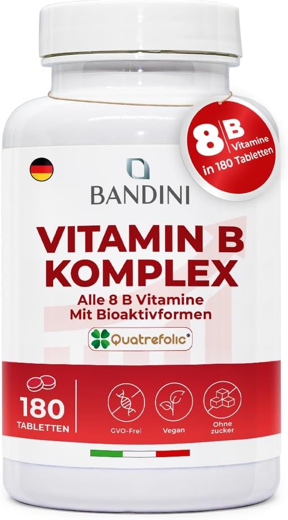 Weiße Flasche Bandini Vitamin B Komplex Tabletten. Aufschrift: Vitamin B Komplex, 180 Tabletten. Icons: GVO-frei, Vegan, Ohne Zucker.