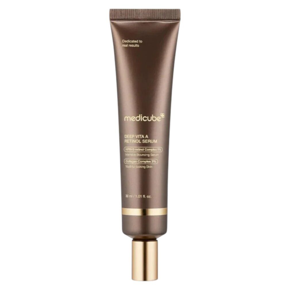 Braune Tube Medicube Deep Vita A Retinol Serum, 30 ml. Goldener Verschluss.