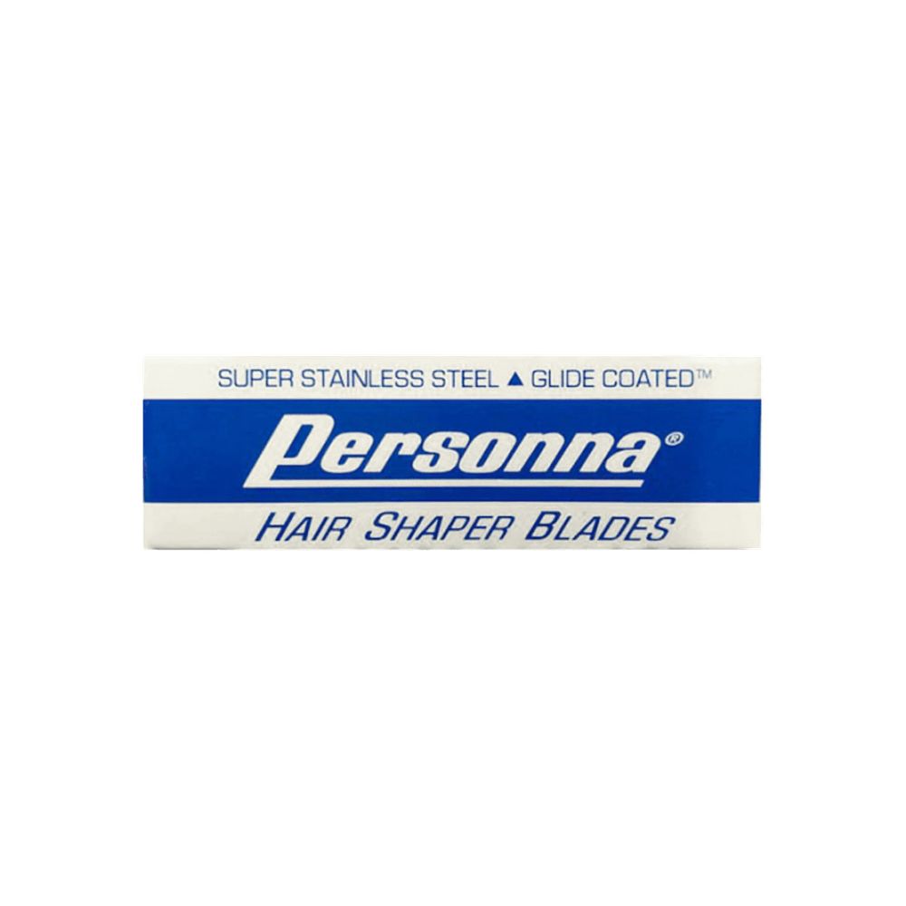 Verpackung mit der Aufschrift PERSONNA HAIR SHAPER BLADES. Blau-weiß, rechteckig.