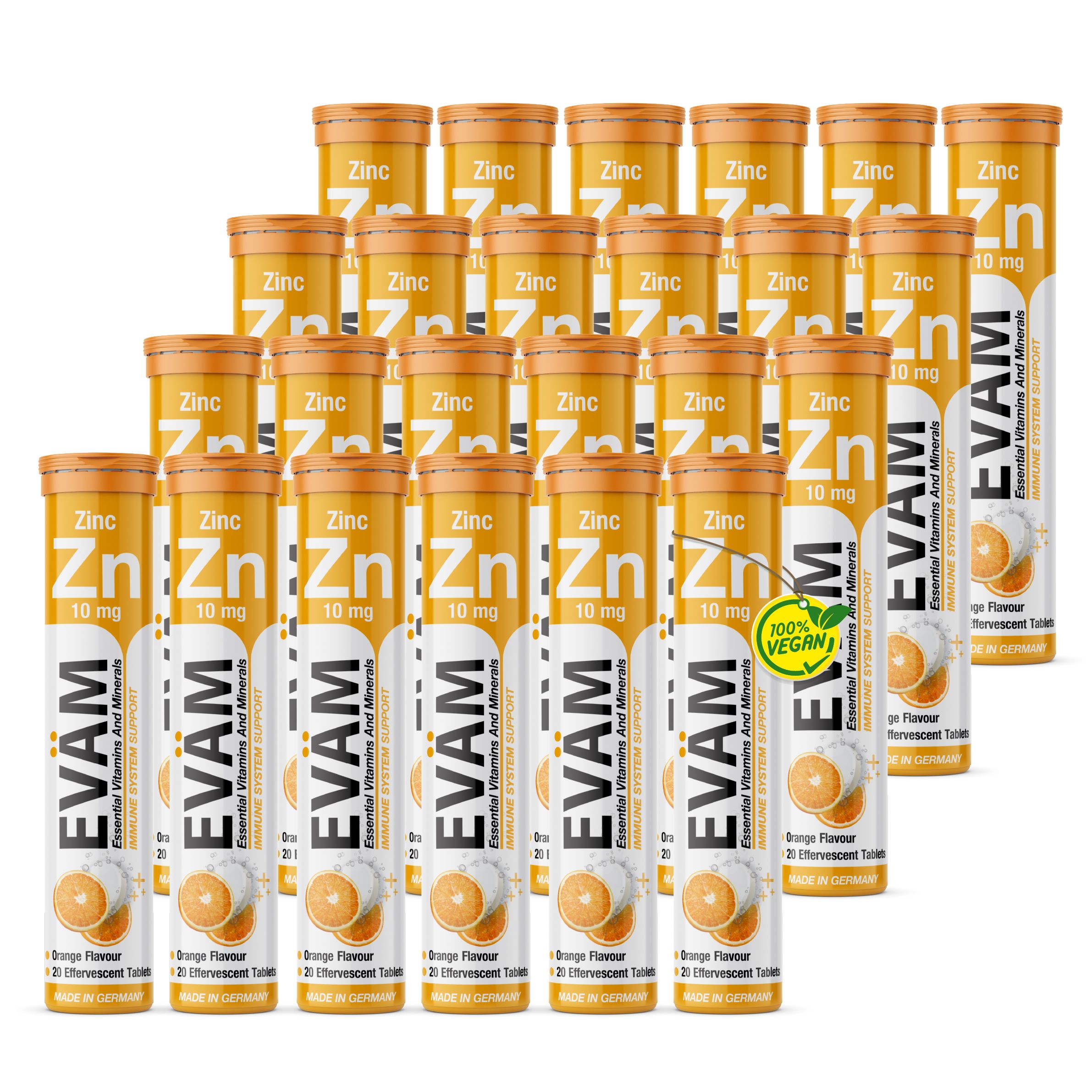 Mehrere Packungen EVÄM Zink Brausetabletten. Orangefarbene Verpackung mit Produktinformationen.