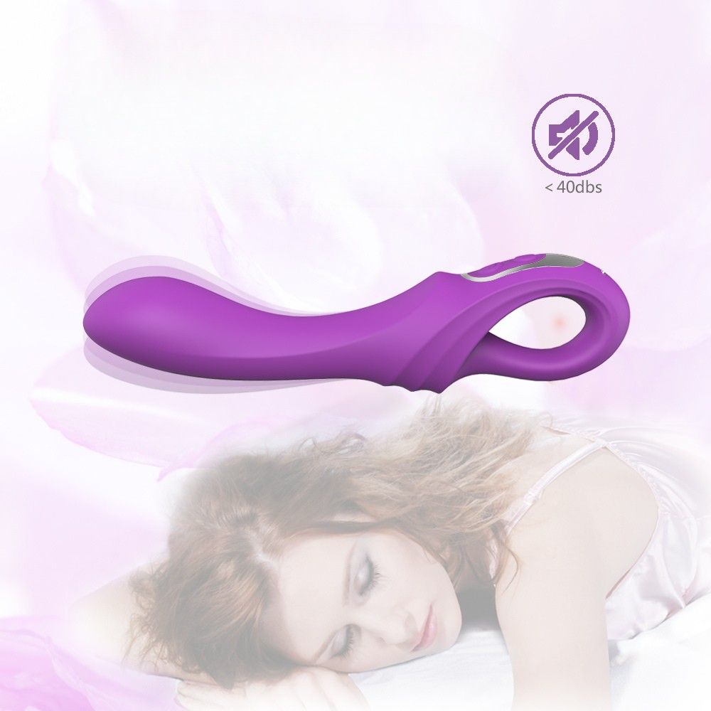 Lila Vibrator, liegend. Zwei Knöpfe, silberne Akzente. Geräuschsymbol. Frau schläft.