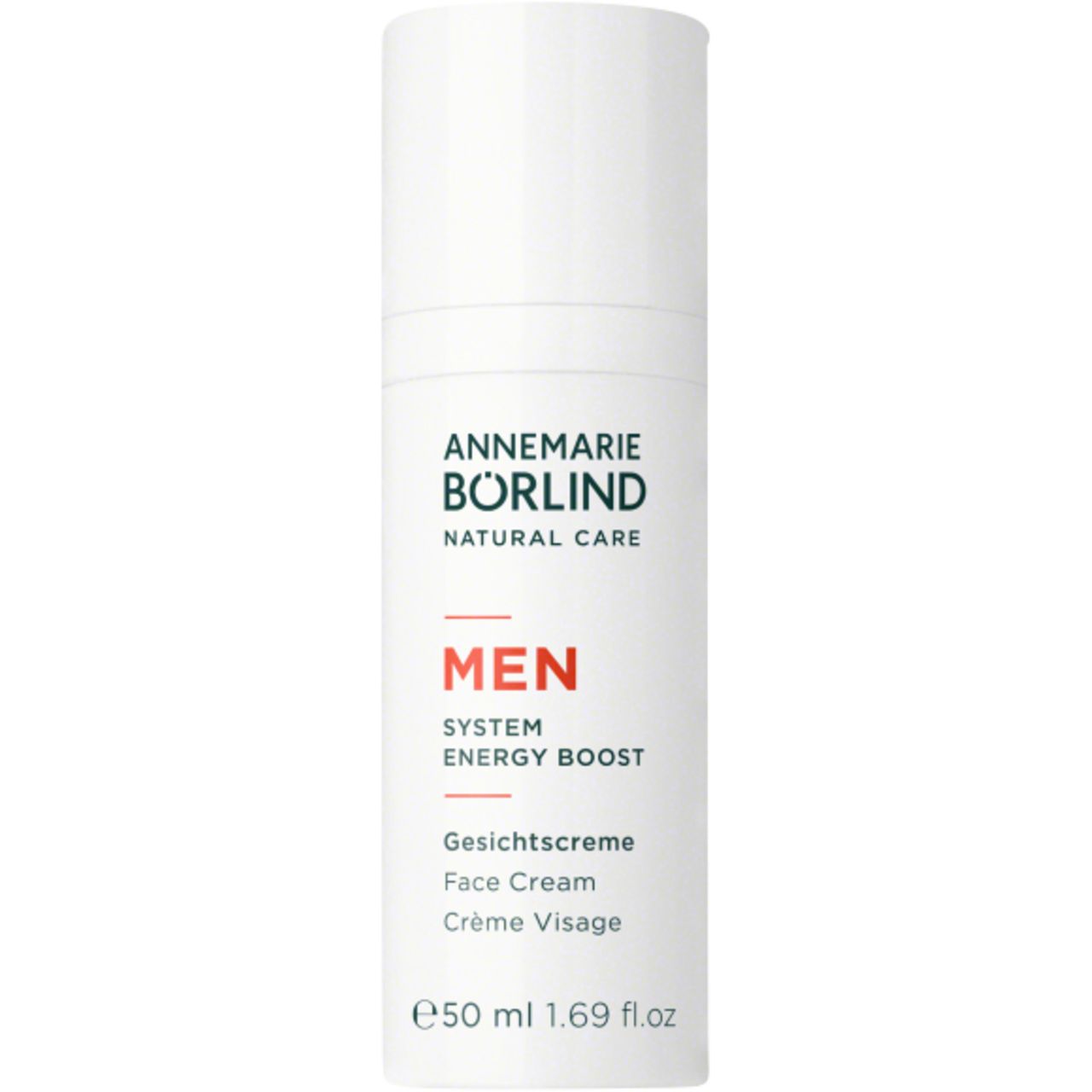 Weiße Flasche mit ANNEMARIE BÖRLIND MEN Gesichtscreme. Text: Face Cream, Crème Visage. 50 ml.