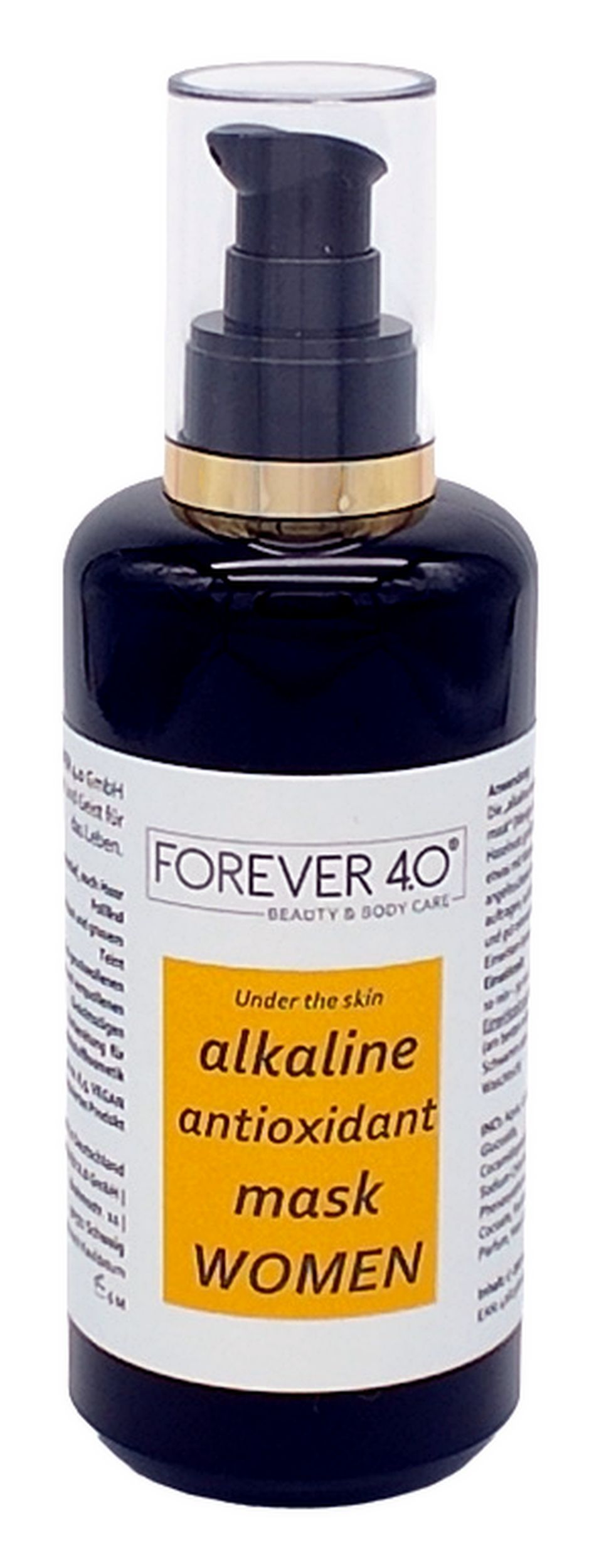Dunkle Flasche mit Pumpverschluss. Aufkleber mit Text: FOREVER 4.0, alkaline antioxidant mask WOMEN.