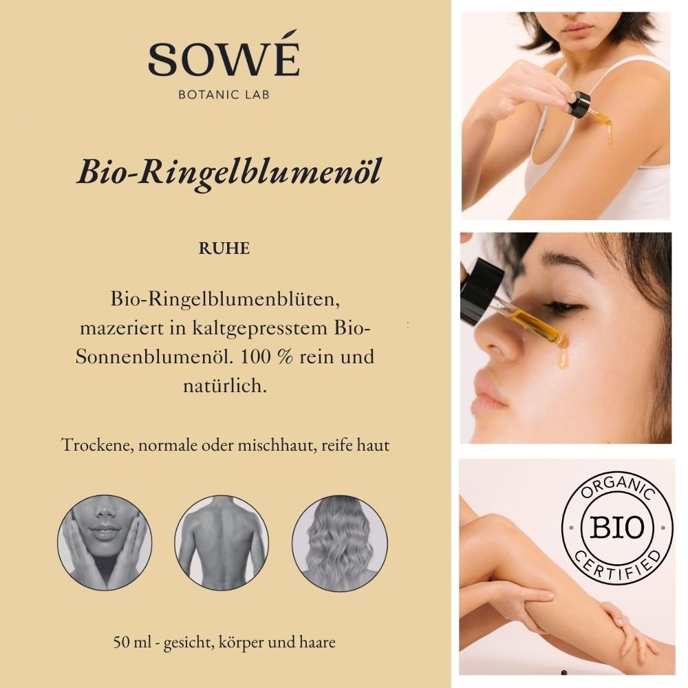 Produktetikett mit Text: SOWÉ, Bio-Ringelblumenöl, 50 ml. Bio-Zertifizierung. 3 kleine Bilder und 3 Anwendungsbilder.
