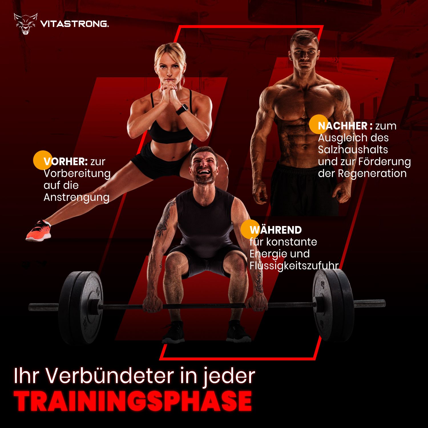 Drei Personen. Text über Phasen des Trainings. Rote und gelbe Elemente. Logo.