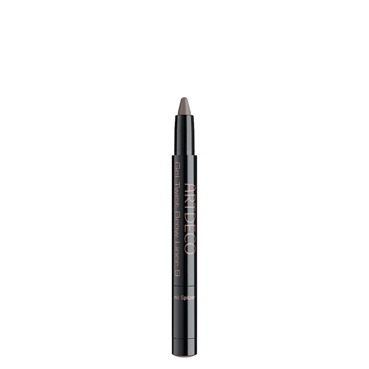Artdeco Gel Twist Brow Liner. Dunkelgrauer Stift mit Spitze. Schwarzer Stift mit Produktbezeichnung. Aufschrift: Gel Twist Brow Liner 9.