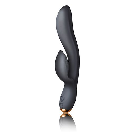 Dunkelgrauer Vibrator mit geschwungener Form. Unterteil mit goldfarbenem Akzent. Oberteil mit erhabener Textur.