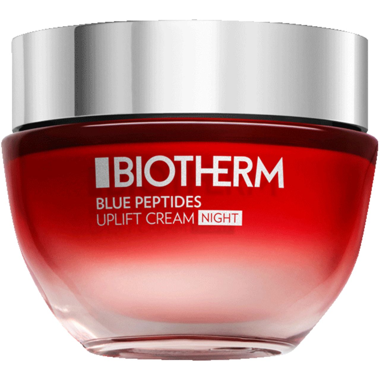 Roter Tiegel mit silbernem Deckel, umgeben von blauen und roten Elementen. Text: BIOTHERM.