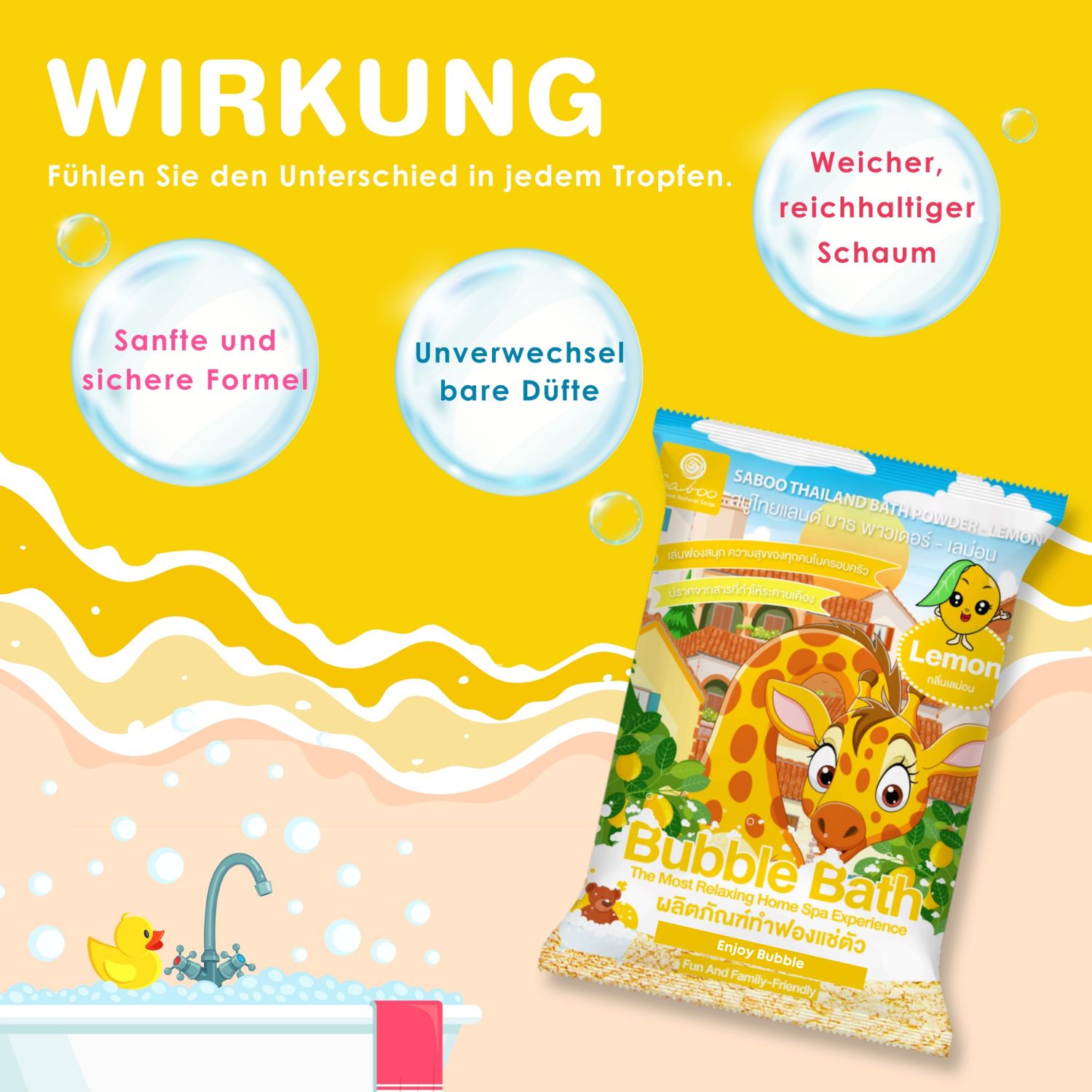 Gelber Hintergrund mit Text über die Wirkung. Beutel mit Giraffe, Zitrone und Text. Badewanne mit Ente.
