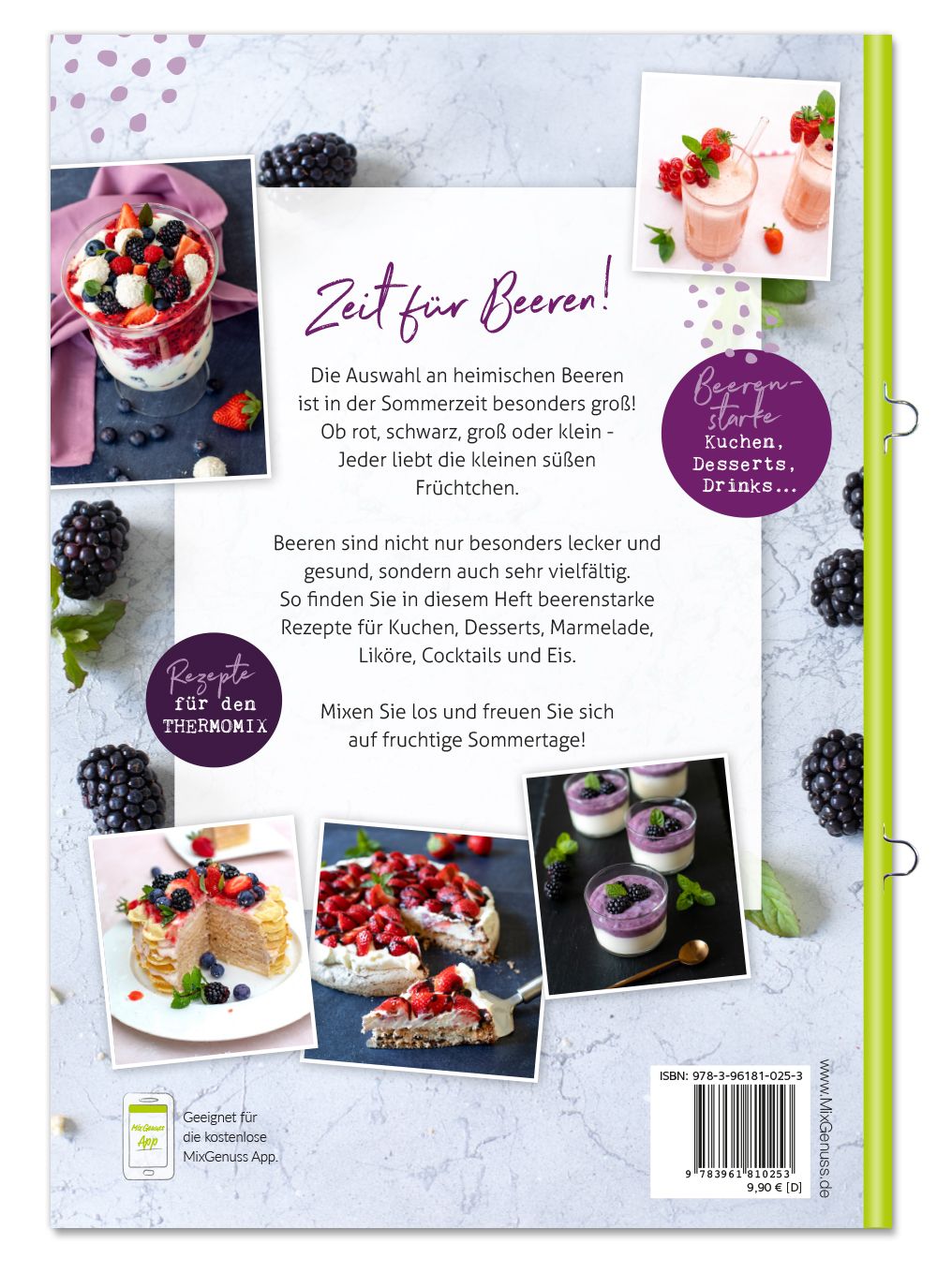 Rückseite des Buches "MixGenuss: Beerenzeit". Text und Bilder von Beeren-Desserts. Grüner Buchrücken mit Ringbindung.