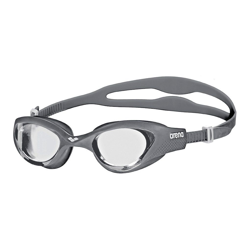 Graue Arena Schwimmbrille mit klaren Gläsern, verstellbarem Kopfband und Arena-Logo.