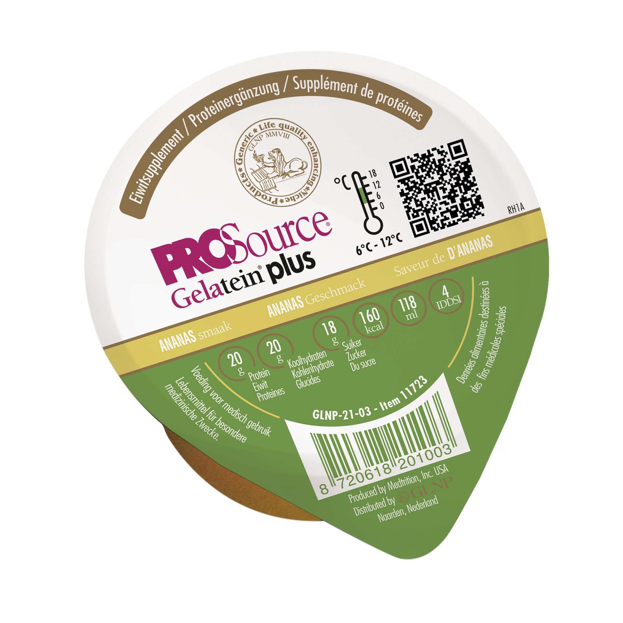 PROSource Gelatein Plus, Ananasgeschmack. Einzelbecher mit Produktinformationen. Grün-gelbes Design.