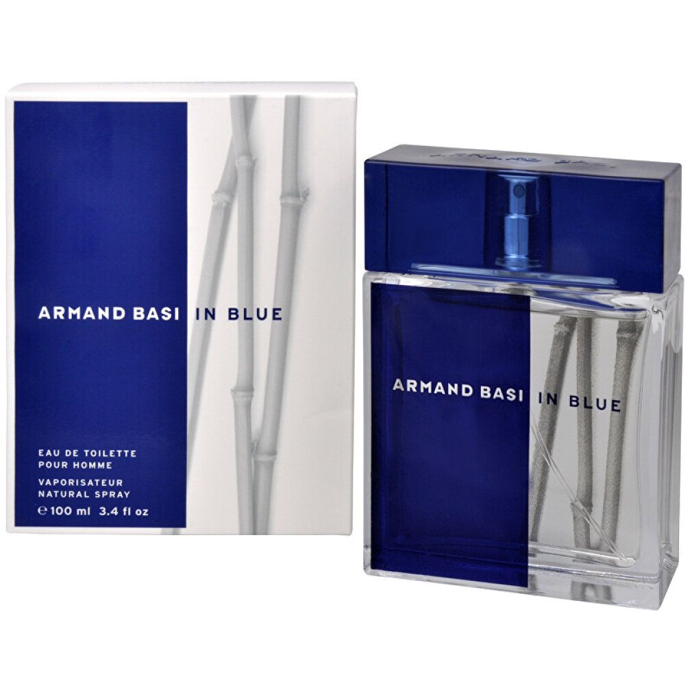 Armand Basi In Blue Flakon und Verpackung. Rechteckiger Flakon mit blauem Deckel. Verpackung mit Schriftzug und Bambusmotiv.