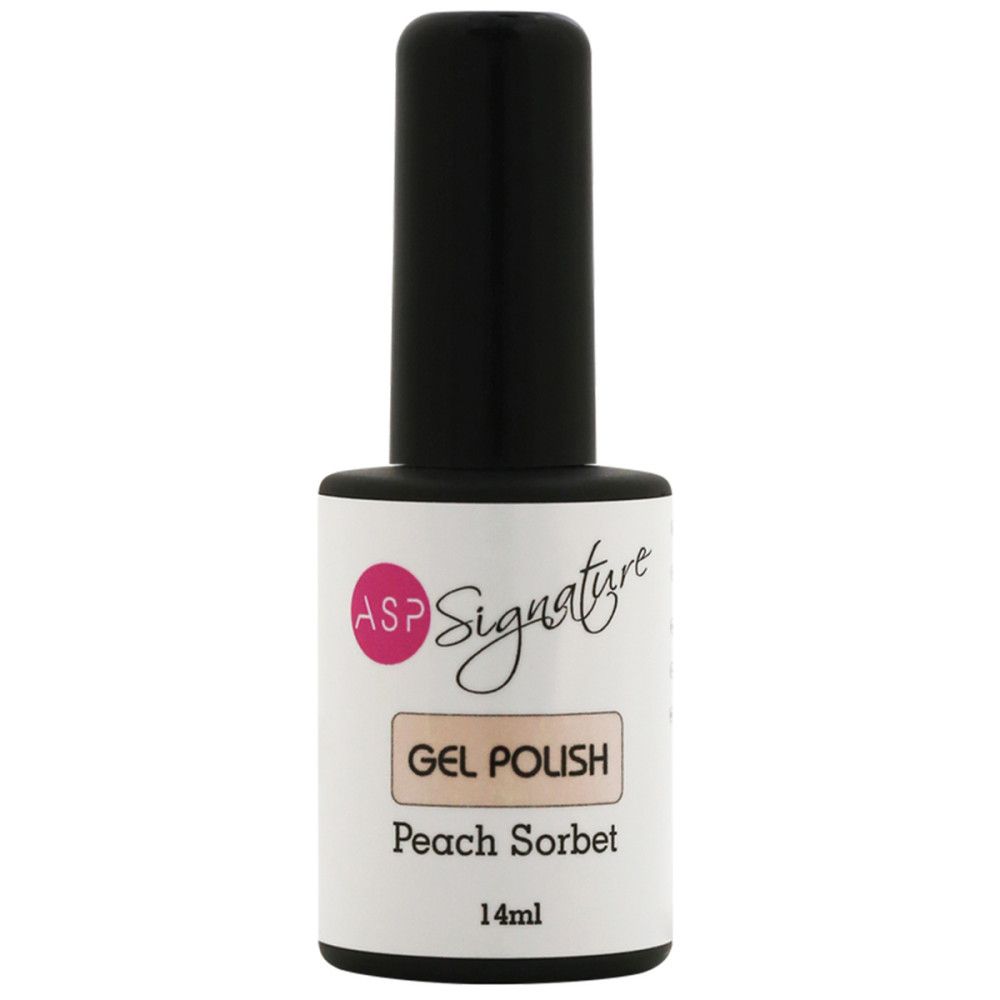 Nagellackflasche mit schwarzem Deckel. Etikett mit ASP Signature, Gel Polish, Farbton Peach Sorbet, 14ml.