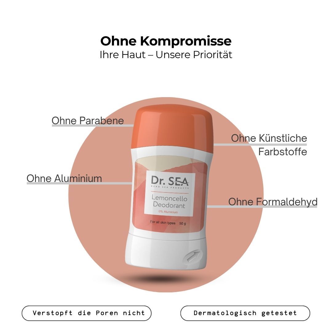 Deodorant-Stick mit Text. Text: Ohne Kompromisse, ohne Parabene, ohne Aluminium, ohne künstliche Farbstoffe, ohne Formaldehyd.