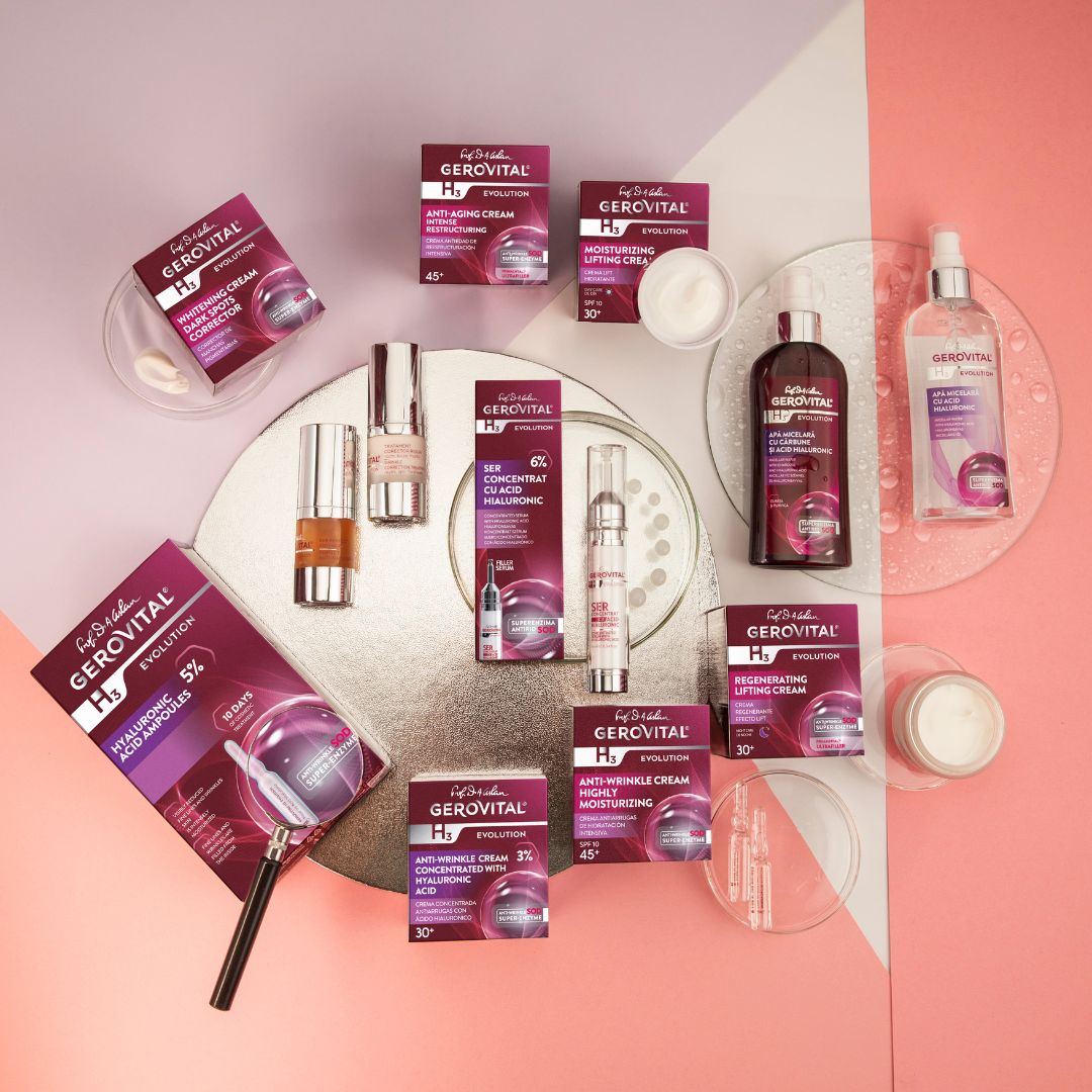 Verschiedene Gerovital-Produkte. H3 Evolution. Anti-Aging-Creme, Ampullen, Serum. Auf silbernem Hintergrund.