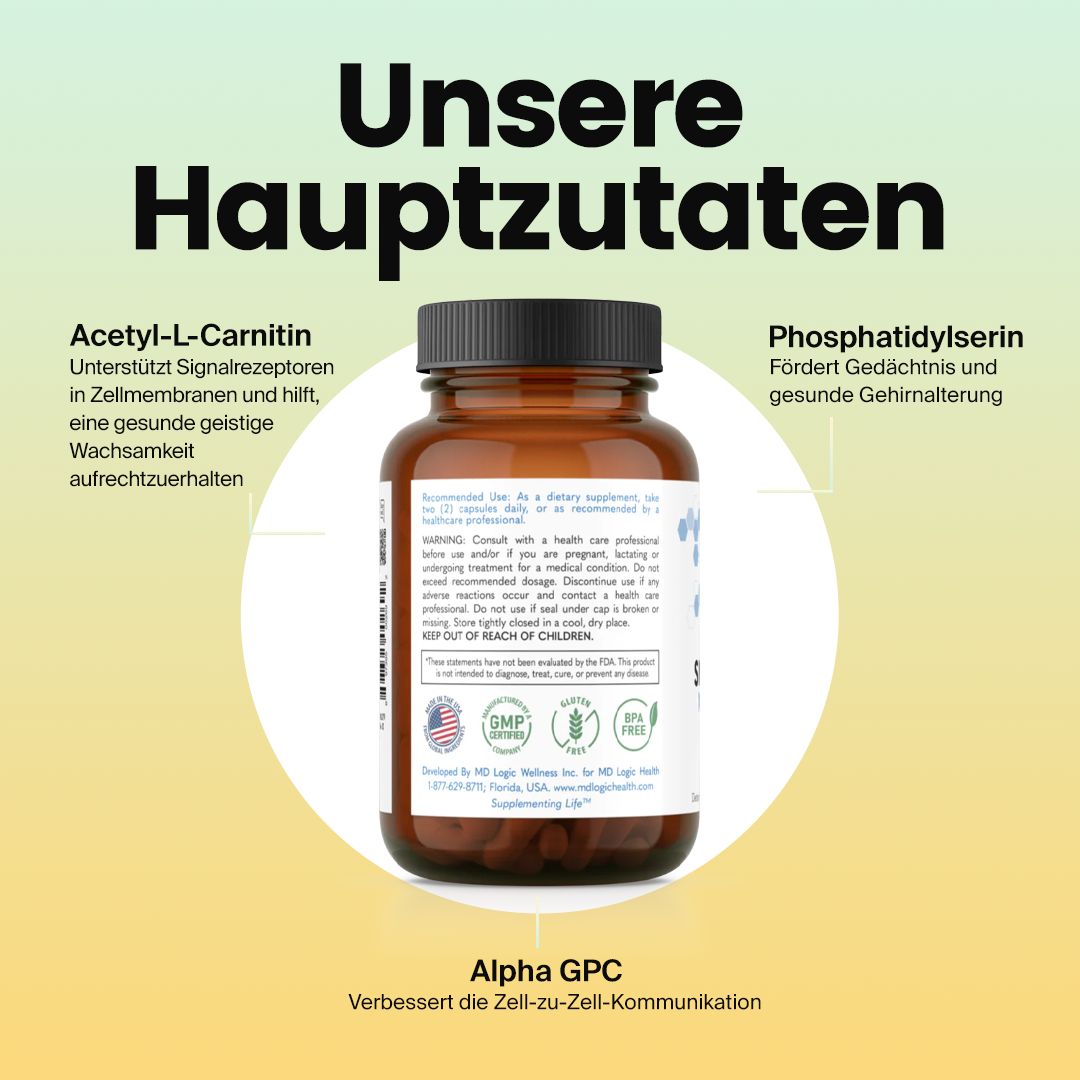 Braune Flasche mit Inhaltsstoffen: Acetyl-L-Carnitin, Phosphatidylserin, Alpha GPC. Text: Fördert Gedächtnis und Gehirnerhaltung.