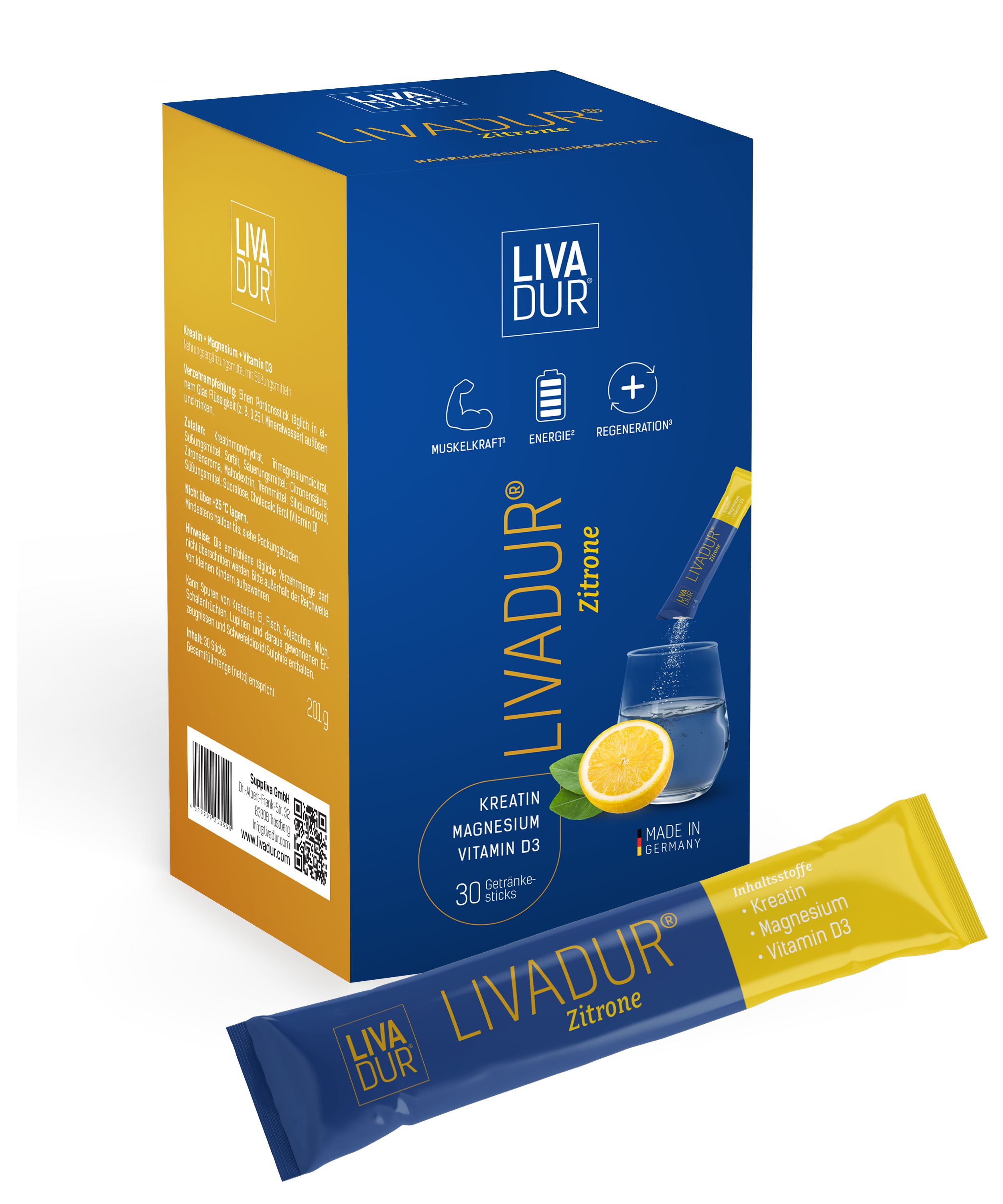Karton LIVADUR® Zitrone. Enthält Kreatin, Magnesium, Vitamin D3. 30 Sticks. Einzelportion und Zitrone.