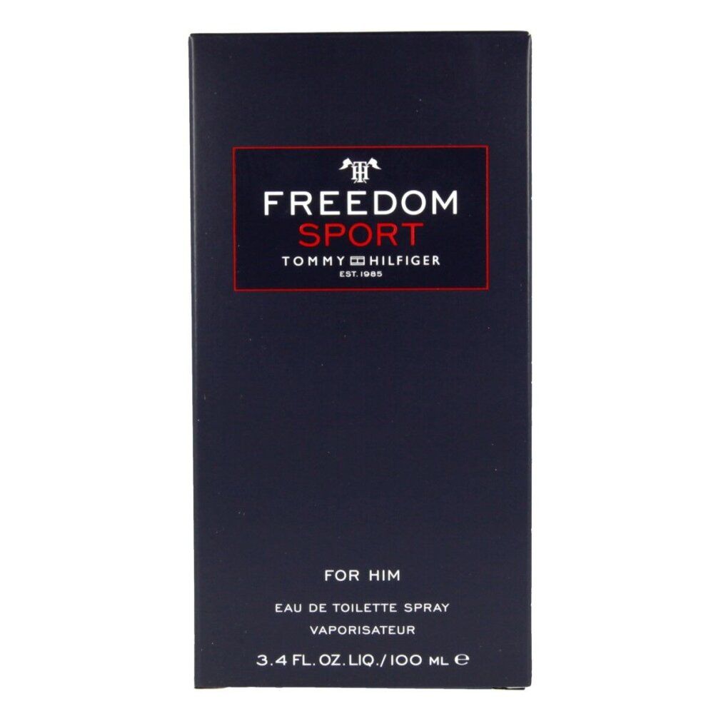 Schwarzer Karton mit Aufschrift FREEDOM SPORT, TOMMY HILFIGER. Für Ihn. Eau de Toilette Spray. 3.4 FL. OZ. LIQ./100 ml e.