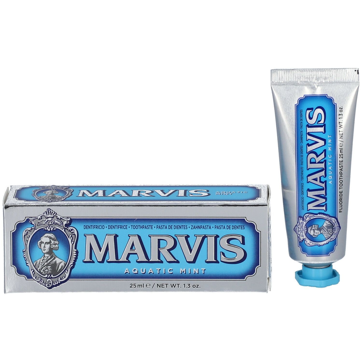 Tube de dentifrice et boîte. Tube et boîte argentés avec étiquette bleue. Inscription MARVIS AQUATIC MINT et portrait.