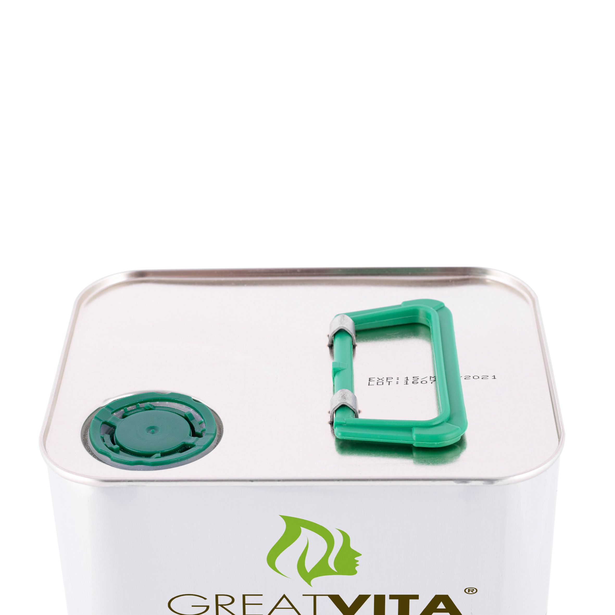 Oberseite einer rechteckigen Dose. Grüner Deckel und Griff. Logo von GreatVita. Text: GreatVita Olivenöl.