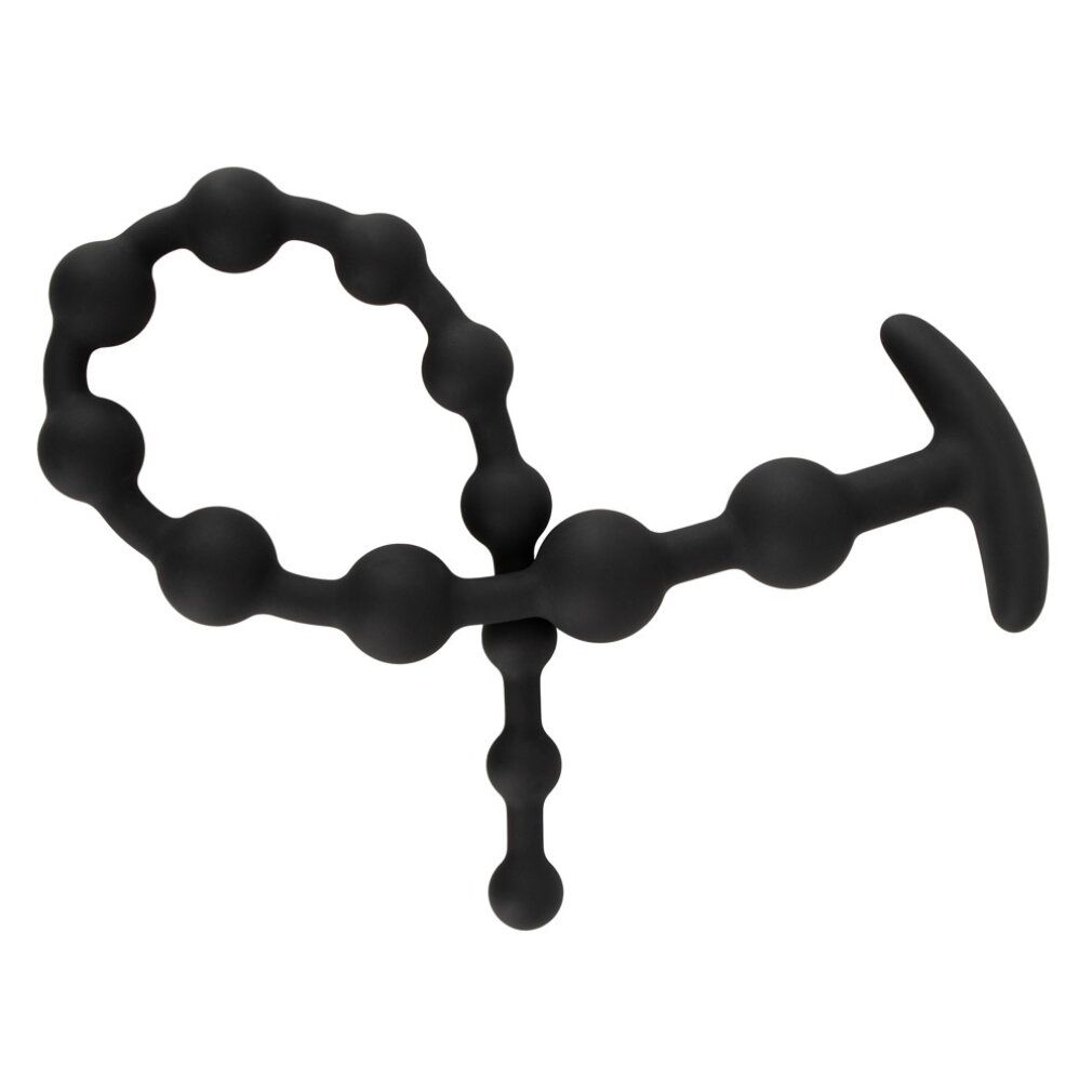 Schwarze Analperlen mit unterschiedlichen Kugelgrößen. Ein Ende hat einen T-förmigen Griff, das andere eine Reihe kleinerer Kugeln.