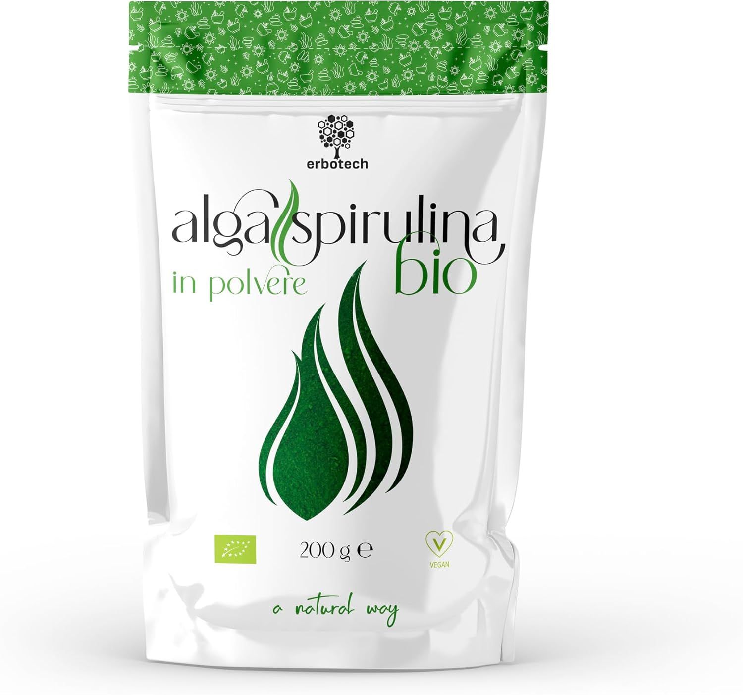 Verpackung von ERBOTECH Bio Spirulina Pulver. Weißer Beutel mit grünen Elementen und Schriftzug. 200 g.