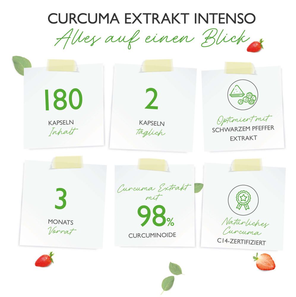 Infografik mit Notizzetteln. Enthält Informationen zu Kapselanzahl, Dosierung, Inhaltsstoffen und Zertifizierungen.