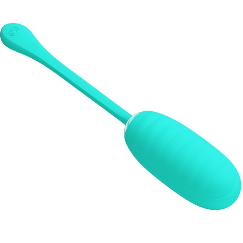 Türkisfarbenes, eiförmiges Produkt mit geriffelter Oberfläche und langem, flexiblem Stiel. Schräge Ansicht.