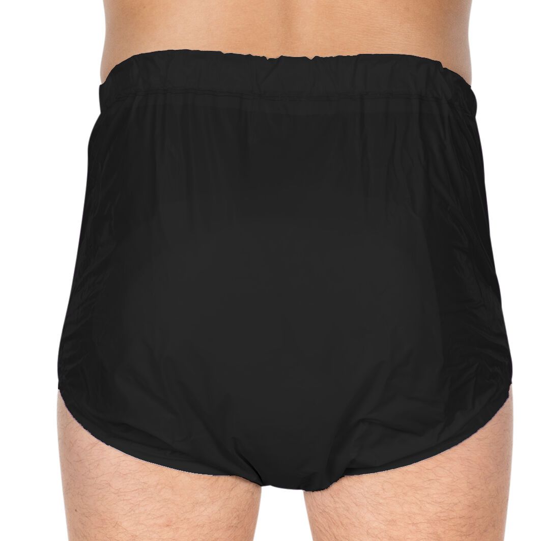 Schwarze PVC-Slip mit verstellbarem Komfortbund. Rückansicht. Keine Knöpfe sichtbar.