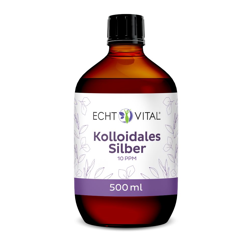 Braune Glasflasche mit schwarzem Deckel. Etikett mit "Echt Vital Kolloidales Silber 10 PPM".