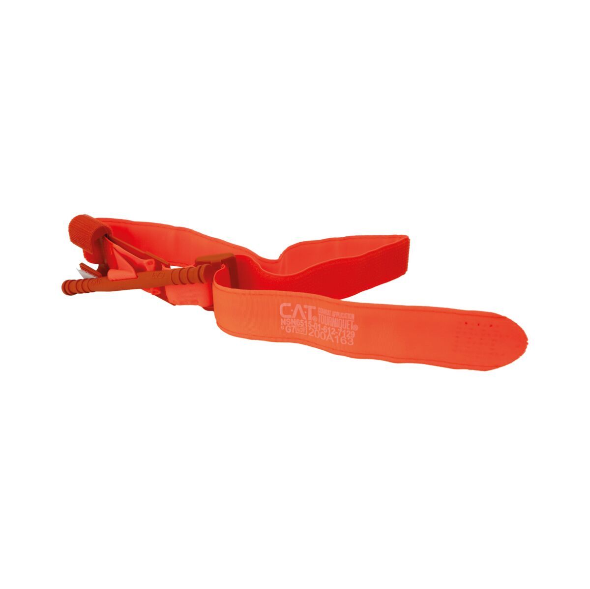Orange CAT Tourniquet mit aufgedrucktem Schriftzug und Windengriff.