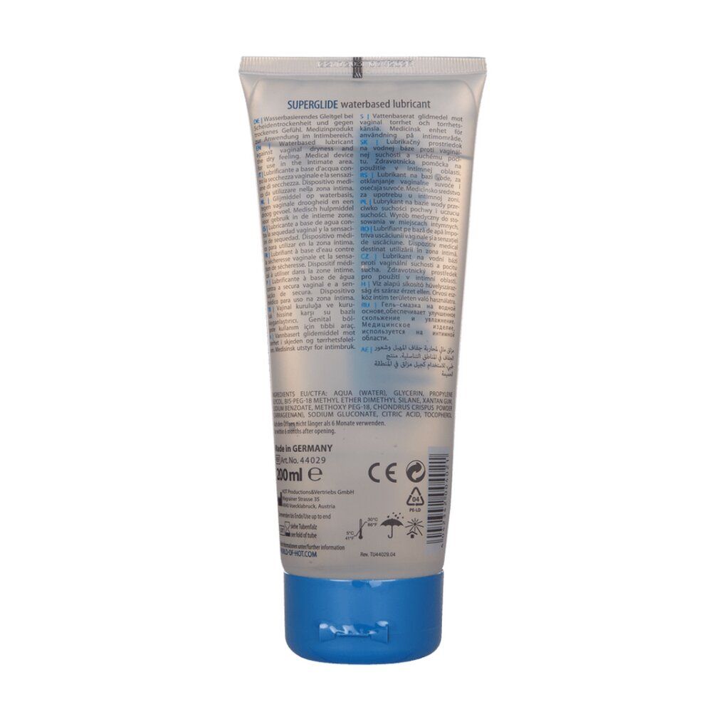 Rückseite einer SUPERGLIDE Wasserbasis Gleitmittel-Tube mit Inhaltsstoffen und CE-Kennzeichnung.